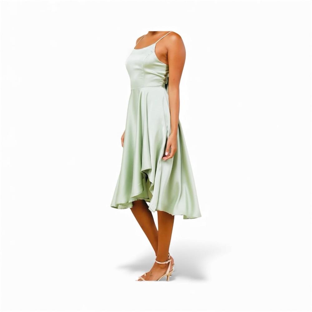 Lulus Sage Satin Asymmetrical Tie-Back Midi Dress